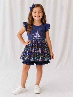 Disney Navy and Black Castle Print Girls Dress with Gold Speckle